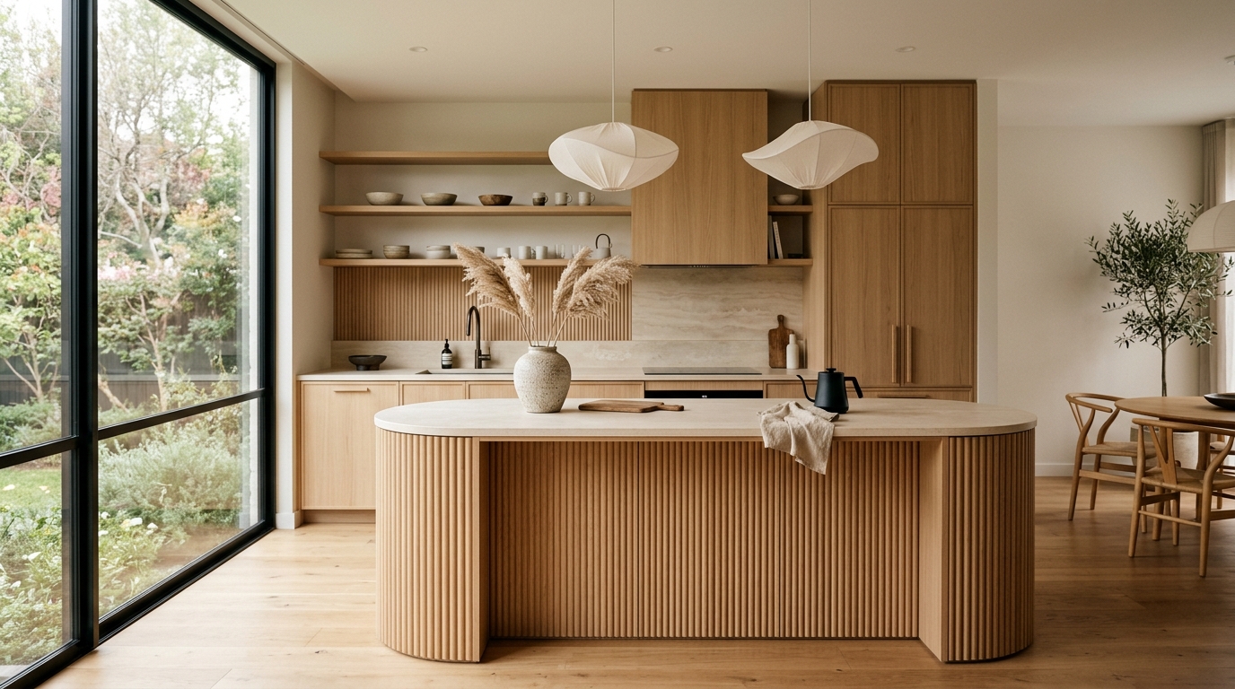 Warm Scandinavian kitchen with island and dining space by Orked Kitchen Cabinet