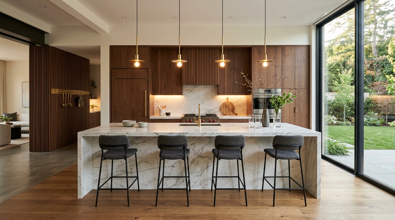Luxury modern custom kitchen with warm timber cabinetry and marble island by Orked Kitchen Cabinet