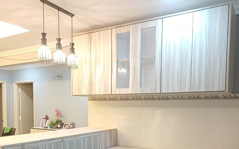 Custom dining server counter and glass vitrine wall cabinets by Orked Kitchen Cabinet